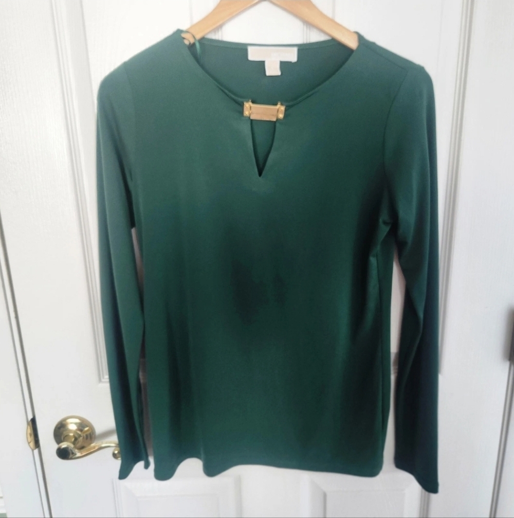 Michael Michael Kors Hunter Green Women's Blouse Size S Long Sleeved Gold Plate